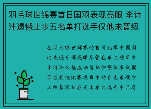 羽毛球世锦赛首日国羽表现亮眼 李诗沣遗憾止步五名单打选手仅他未晋级