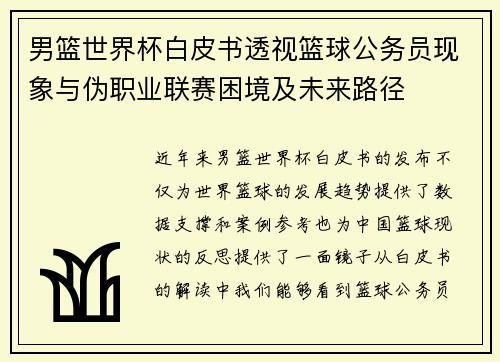 男篮世界杯白皮书透视篮球公务员现象与伪职业联赛困境及未来路径